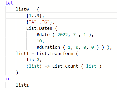 Figure 11 - List.Transform: the input is a list of lists. 